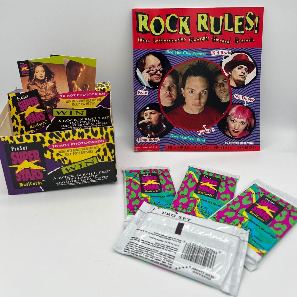 1990s Rock Pop Trading Cards and Rock Rules Book Bundle